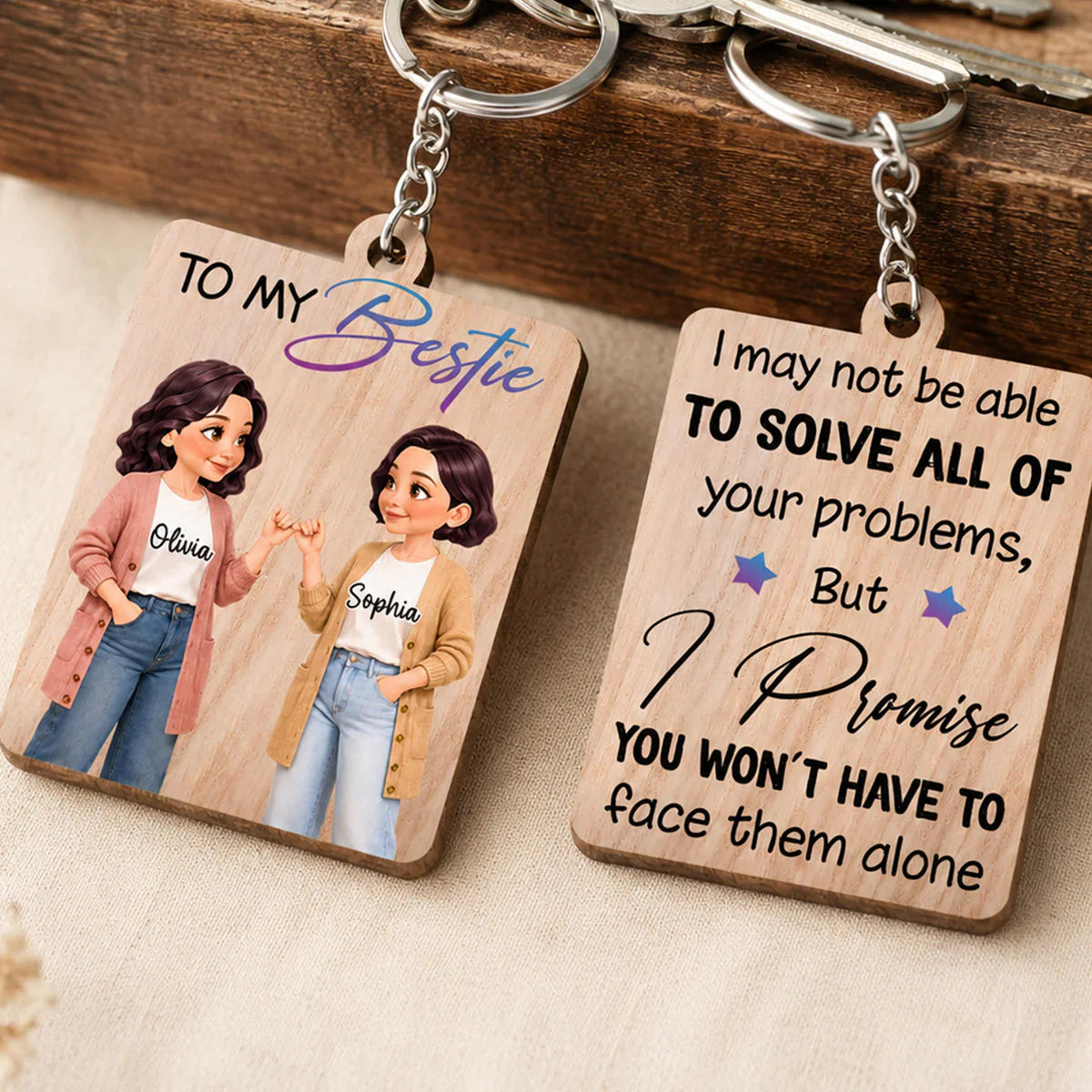 Personalized Wooden Keychain, Pinky Promise Bestie Illustration, Unique Creative Gift for Best Friend