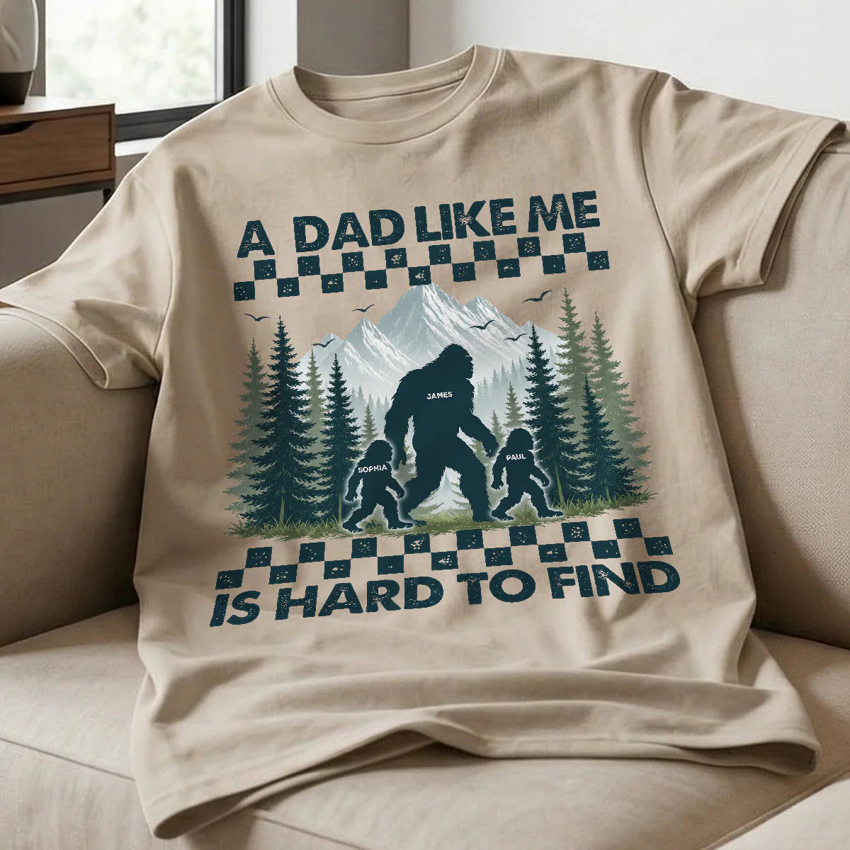 Personalized Classic Tee With Bigfoot Dad & Kids, Retro Forest Graphic, Unique Gift for Dad