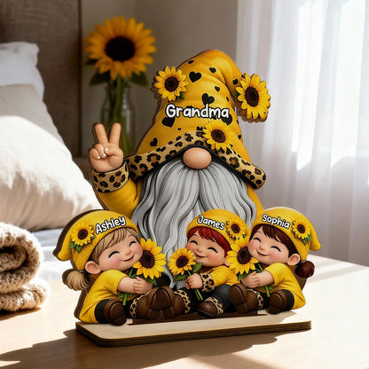 Personalized 2-Layer Wooden Plaque Gnome Grandma With Grandkids and Sunflowers Cute Family Keepsake Unique Gift for Grandma