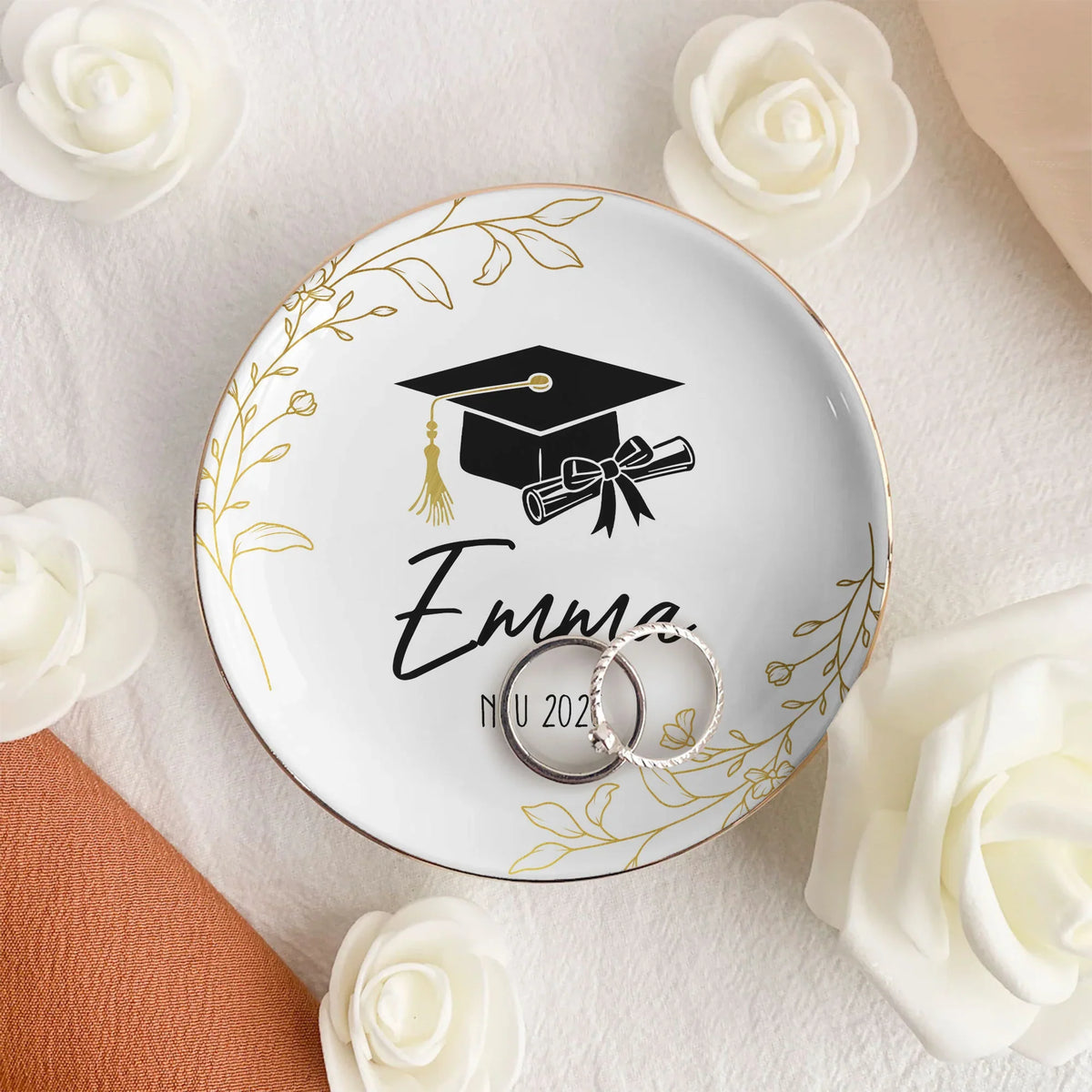 Personalized Round Jewelry Dish with Graduation Cap & Diploma, Unique Gift for Her Vanity