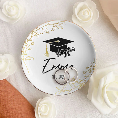 Personalized Round Jewelry Dish with Graduation Cap & Diploma, Unique Gift for Her Vanity