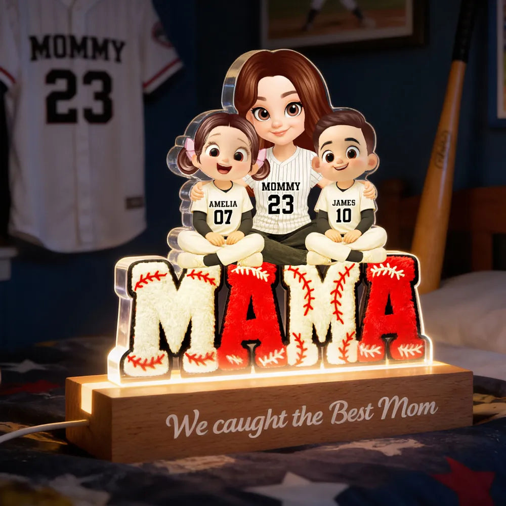 Block LED Light Plaque With Baseball Mama Hugging Kids, 'We Caught the Best Mom', Cozy Bedside Gift