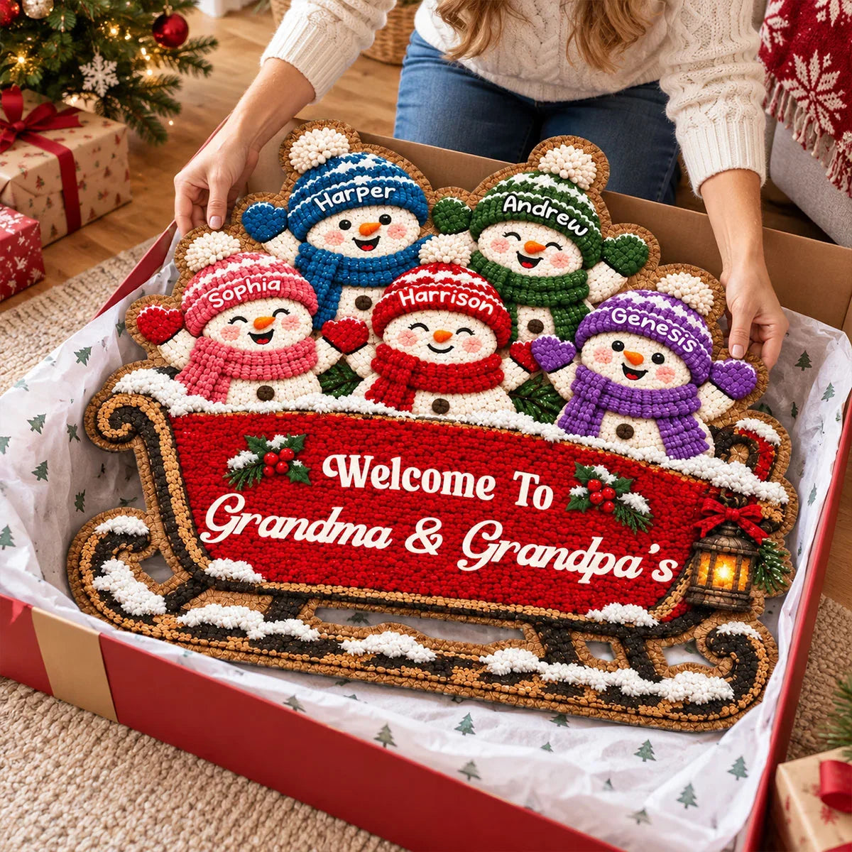 Personalized Shaped Doormat with Snowman Family on a Sleigh, Christmas Decor, Unique Gift for Grandparents