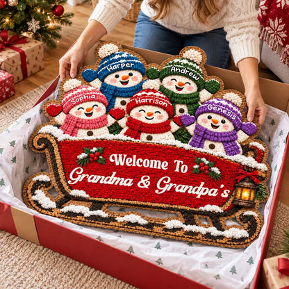 Personalized Shaped Doormat with Snowman Family on a Sleigh, Christmas Decor, Unique Gift for Grandparents