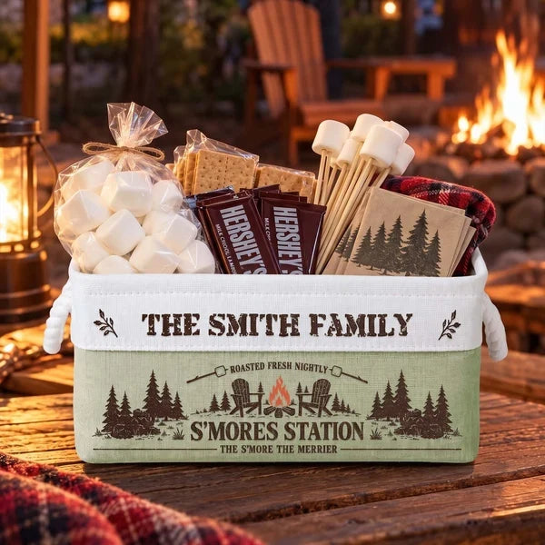 Cotton Linen Rope Basket, Personalized Family Campfire Storage, Unique Gift for Cozy S'mores Nights