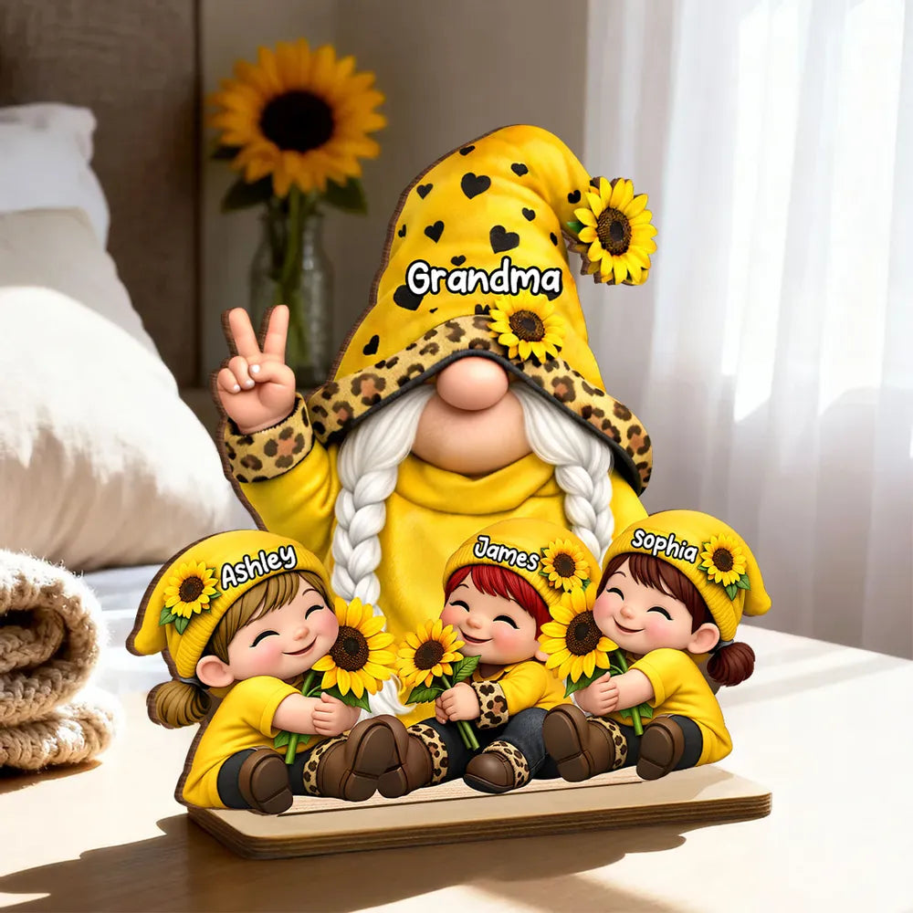 Personalized 2-Layer Wooden Plaque Grandma & Grandkids Gnome With Sunflowers for Living Room Display - Unique Gift for Grandma