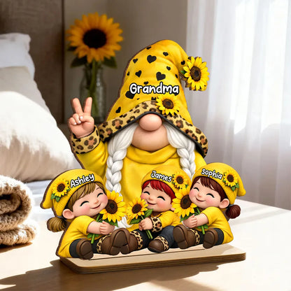 Personalized 2-Layer Wooden Plaque Grandma & Grandkids Gnome With Sunflowers for Living Room Display - Unique Gift for Grandma