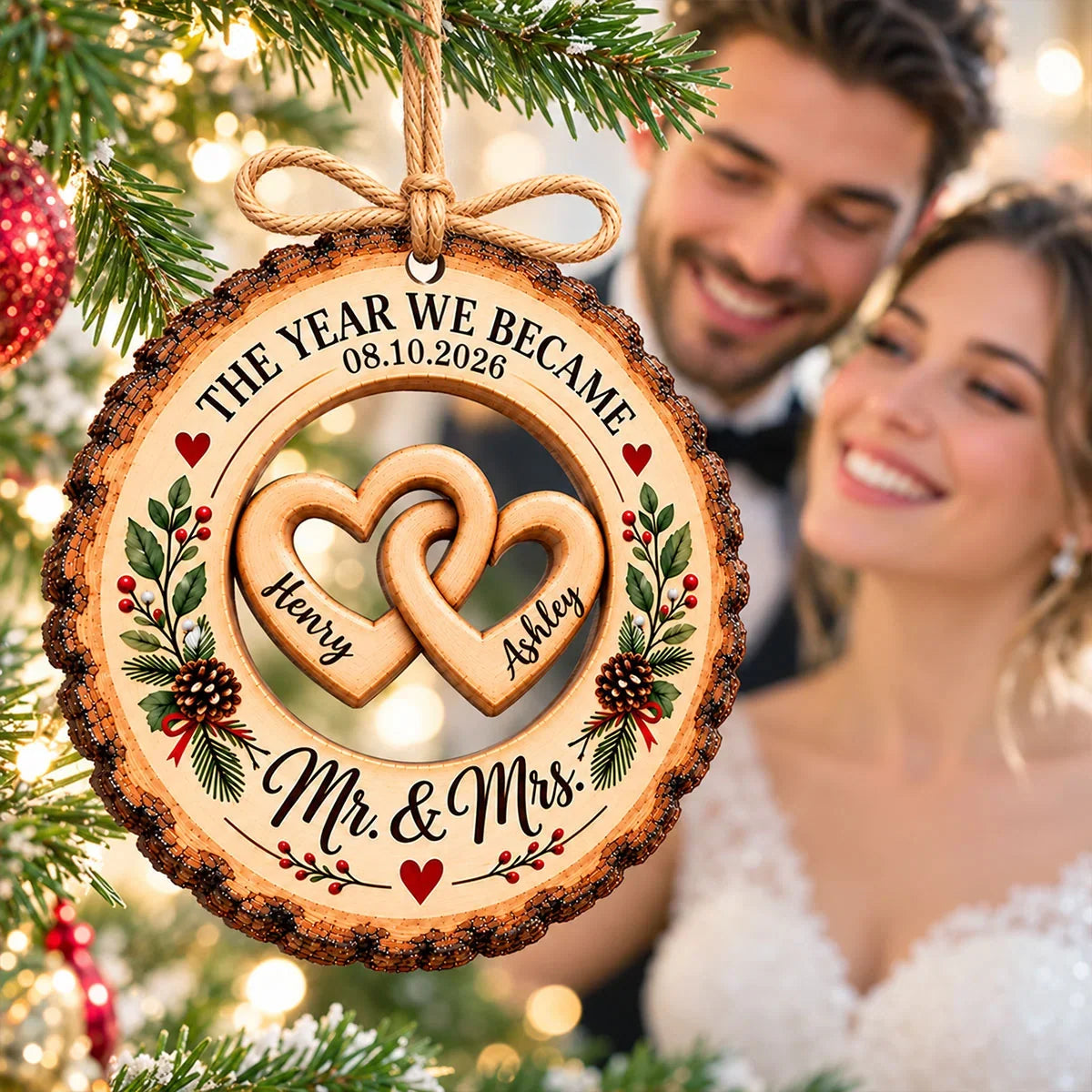 Personalized Wooden Ornament, The Year We Became Mr & Mrs, Warm Wedding Keepsake, Creative Gift for Newlyweds