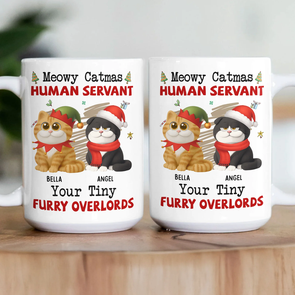 Personalized White Ceramic Mug for Cat Lovers – Meowy Catmas Tiny Furry Overlords Design – Funny Custom Gift for Your Human Servant