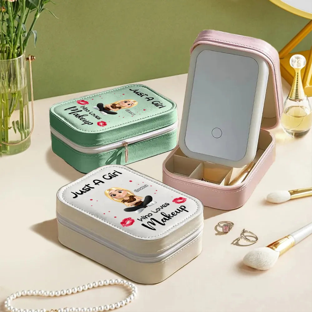 Personalized Leather LED Makeup Case, Cute Sitting Girl Design, Unique Creative Gift for Makeup Lovers
