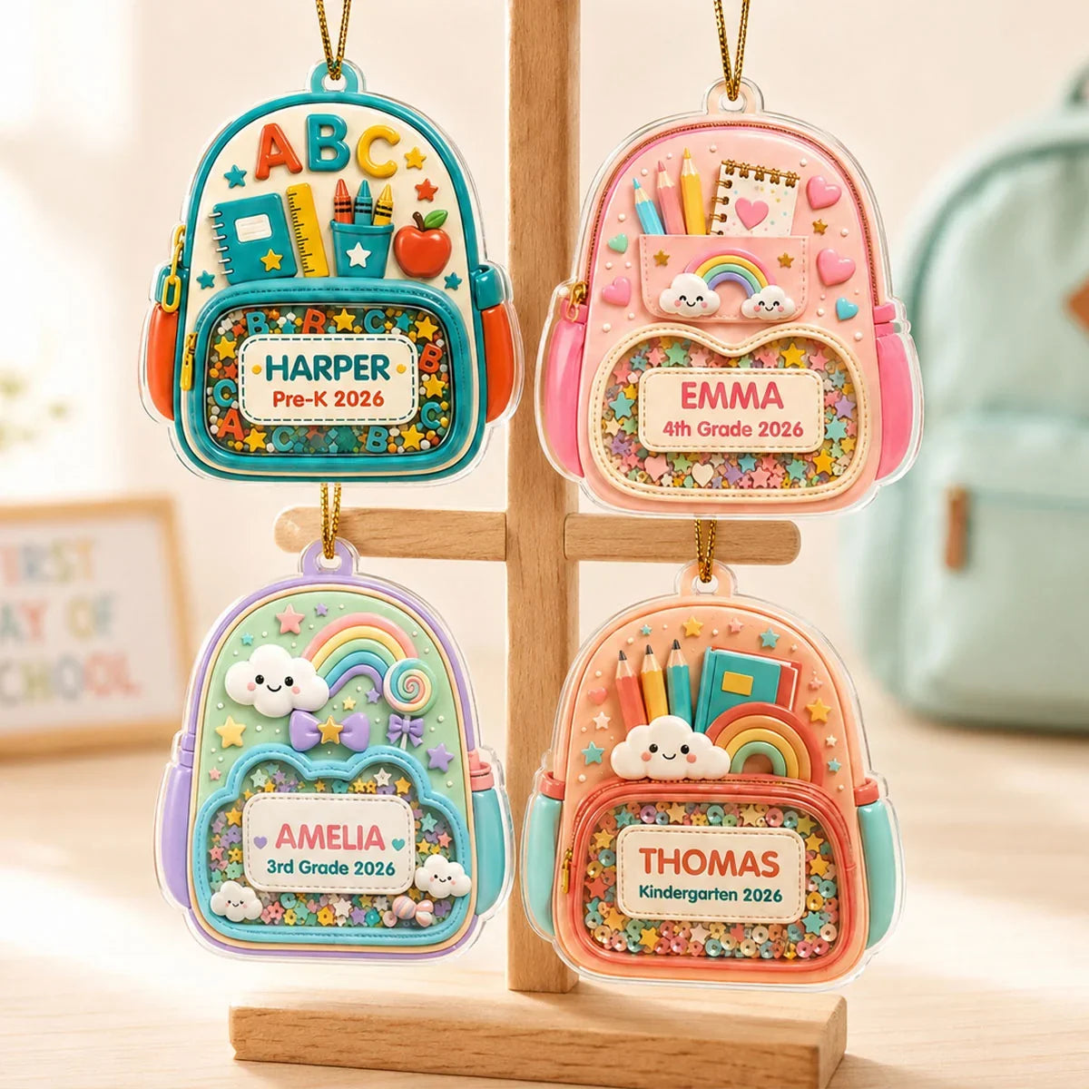Personalized Acrylic Ornament, Hanging School Backpack in Coral and Teal, Unique Gift for Kids