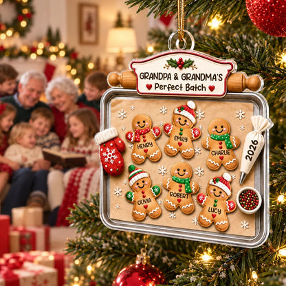 Personalized Acrylic Ornament, Gingerbread Grandkids on a Baking Tray, Red & Green Unique Christmas Gift for Grandparents