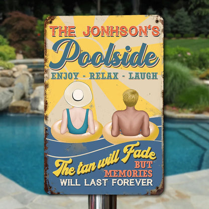Personalized Rectangular Iron Sign, Retro Poolside Family Scene, Unique Gift for Pool Lovers
