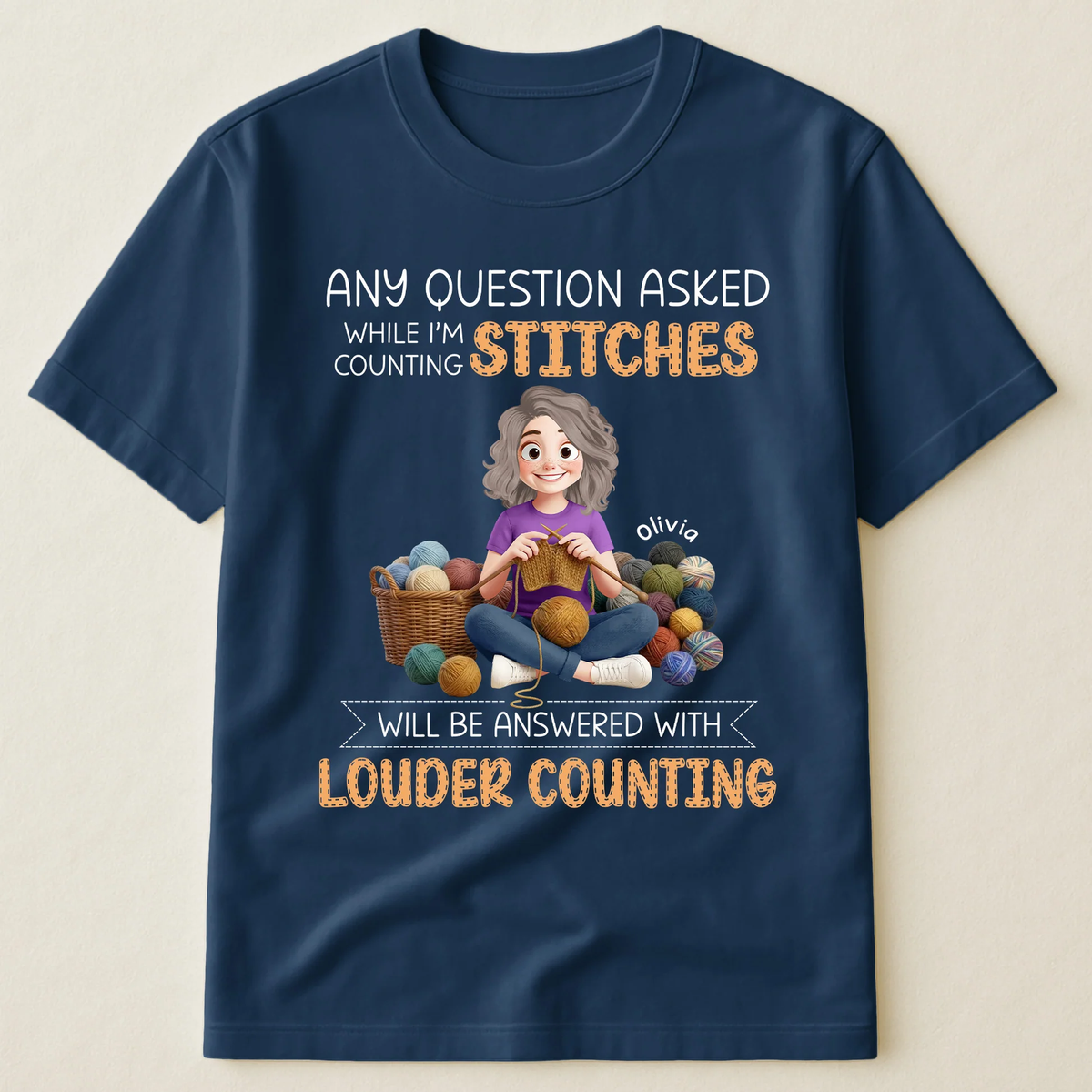 Classic Tee for Knitters, Funny Counting Stitches Quote with Cozy Yarn Girl Illustration, Personalized Gift