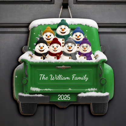 Snowman Family Wooden Sign Personalized for Christmas Door or Kitchen, Cute Red Truck Holiday Decoration & Creative Gift