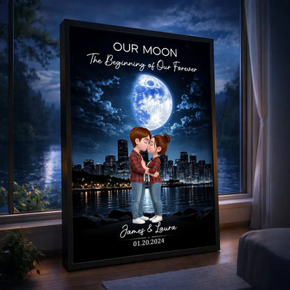 Our Moon Romantic Poster with Kissing Couple by the City Skyline, Personalized Keepsake Wall Art, Unique Wedding Gift