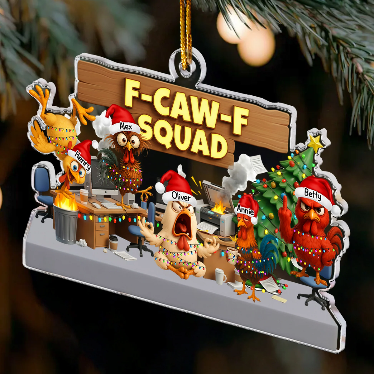 Custom F-Caw-F Squad Acrylic Ornament with Hilarious Office Chickens Christmas Tree Scene Unique Secret Santa Gift for Work Friends