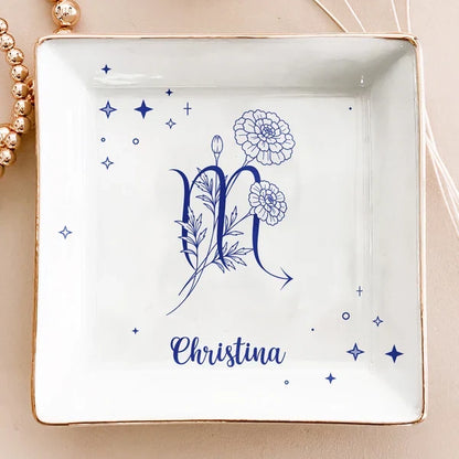 Zodiac Birth Flower Jewelry Dish, Personalized Celestial Keepsake Tray, Meaningful Creative Gift for Her