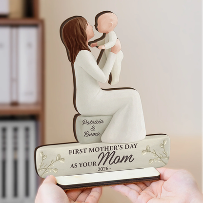 Personalized 2-Layer Wooden Plaque, Mom Holding Baby Keepsake for Nursery or Living Room, Unique First Mother's Day Gift