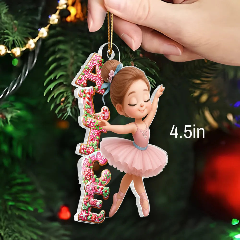 Personalized Acrylic Ornament, Pink Ballerina Dancing with Gingerbread Letters, Unique Christmas Gift for Girls