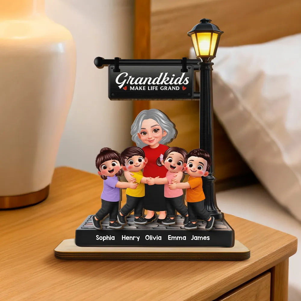 Personalized 2-Layer Wooden Plaque with Grandma and Grandkids Under Lamp Post, Sweet Family Keepsake, Unique Gift for Grandma