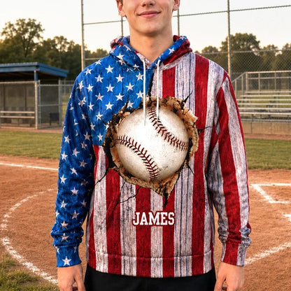 Personalized Youth Printed Flannel Hoodie, Vintage American Flag Baseball Design, Unique Gift for Young Players