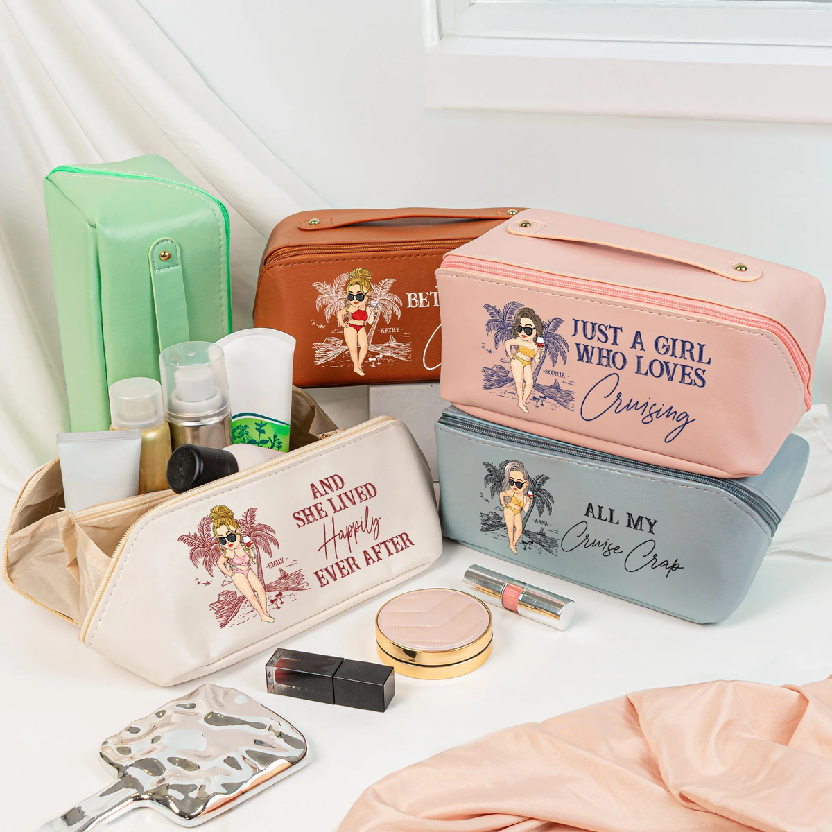 Personalized Leather Makeup Bag for Travel Lovers, Beach Girl Quote Design, Unique Gift for Her