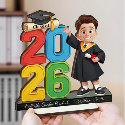 Personalized 2-Layer Wooden Plaque Graduation Boy Waving Class Display, Bright Modern Keepsake, Unique Gift