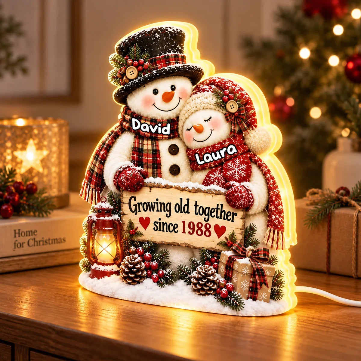 Growing Old Together Acrylic Light Box, Personalized Hugging Snowman Couple with Warm Glow, Creative Gift for Husband or Wife