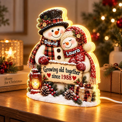 Growing Old Together Acrylic Light Box, Personalized Hugging Snowman Couple with Warm Glow, Creative Gift for Husband or Wife