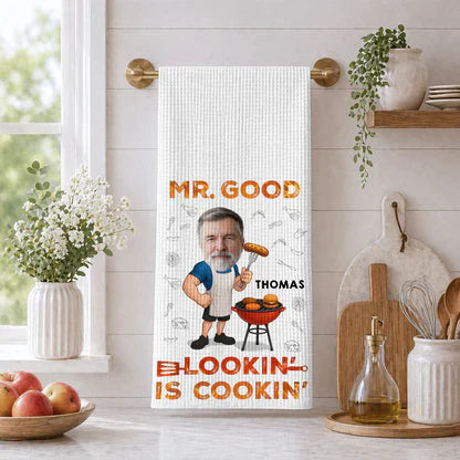 Custom Kitchen Towel for Dad, Funny BBQ Cartoon, One-of-a-Kind Creative Gift for His Kitchen