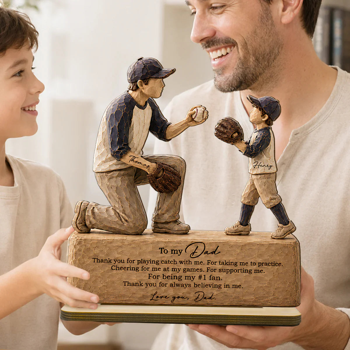 Personalized 2-Layer Wooden Plaque, Sunlit Baseball Dad & Child Catch Scene, Unique Gift for Dad