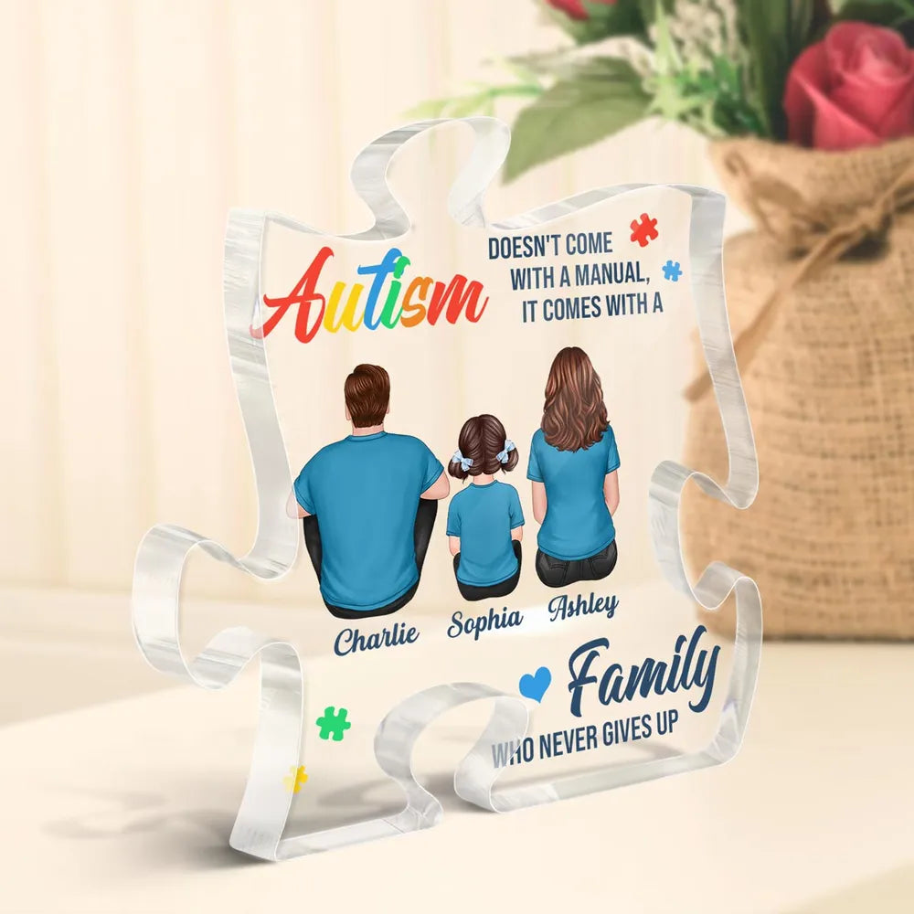 Never Give Up Autism Puzzle Acrylic Block Plaque Warm Family Back View Keepsake Home Decor Unique Creative Gift For Parents