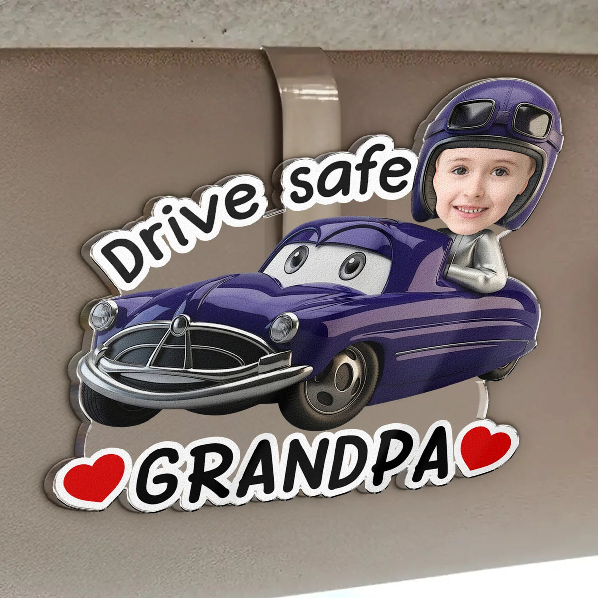 Personalized Acrylic Car Visor Clip with Kid or Pet Face Racing Car, Drive Safe Unique Gift for Dad