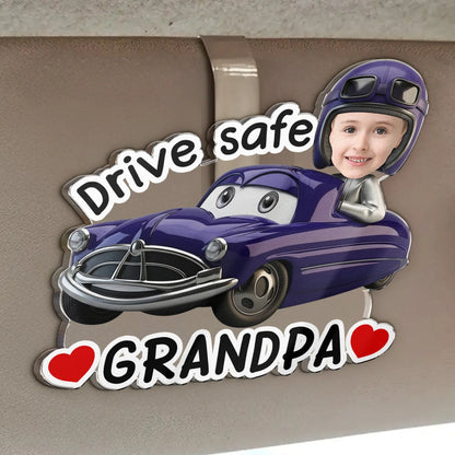 Personalized Acrylic Car Visor Clip with Kid or Pet Face Racing Car, Drive Safe Unique Gift for Dad