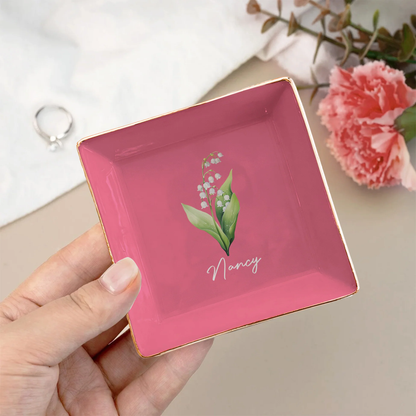 Elegant Personalized Jewelry Dish with Birth Flower Design for Daily Jewelry Storage, Thoughtful Gift for Mom or Friend