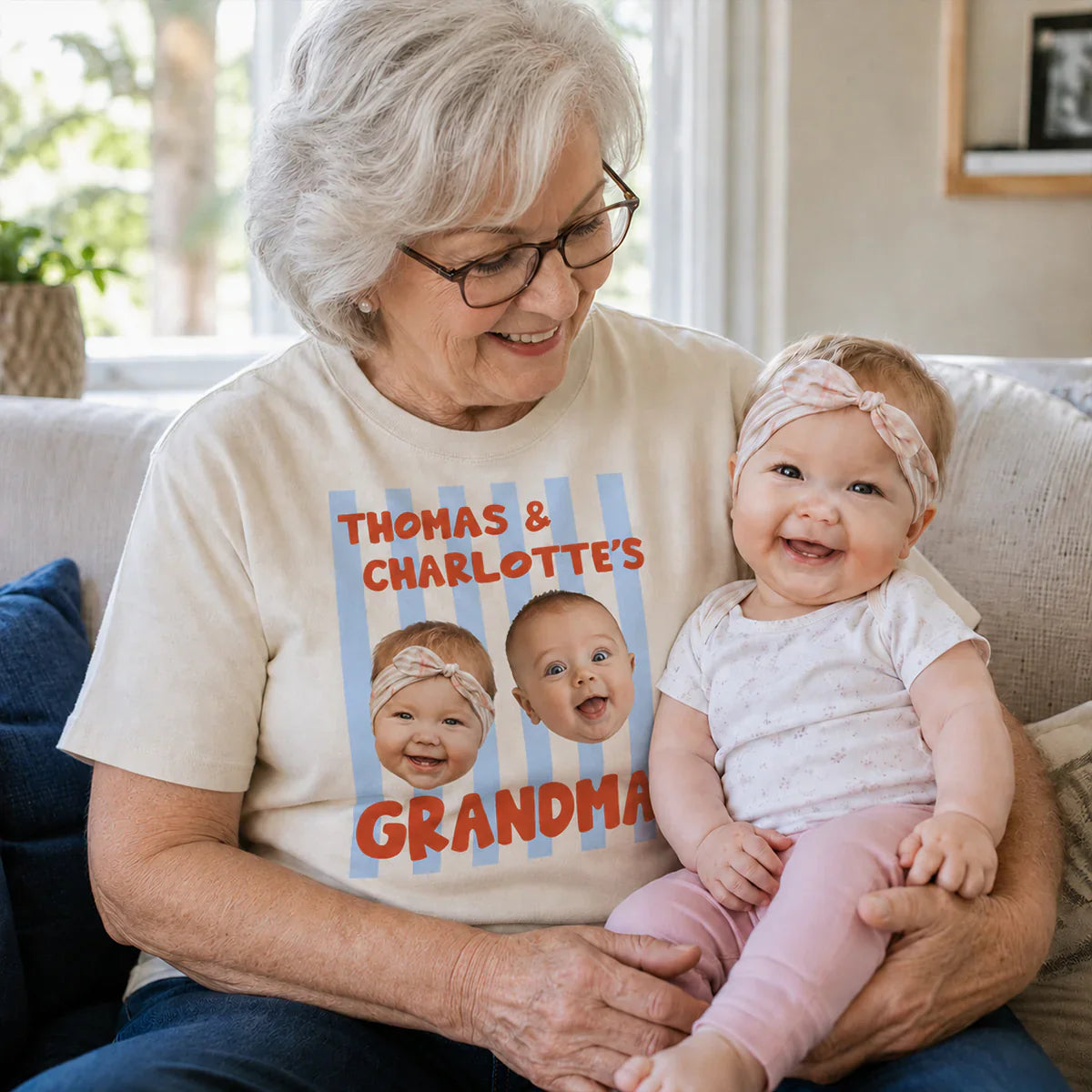 Personalized Classic Tee with Baby Photo Faces, Custom Grandma Shirt, Unique Gift for Family Memories