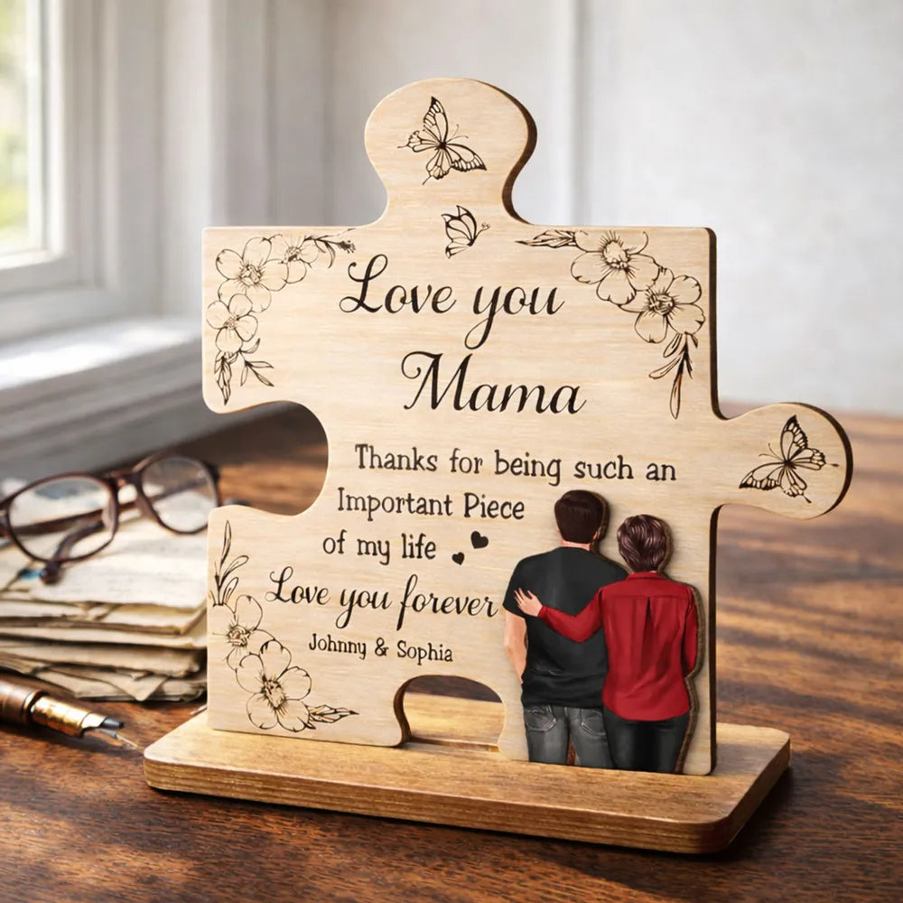 2-Layer Wooden Plaque Puzzle Piece Gift for Mom, Love You Mama Design, Warm Floral Butterfly Decor, Unique Thank You Gift