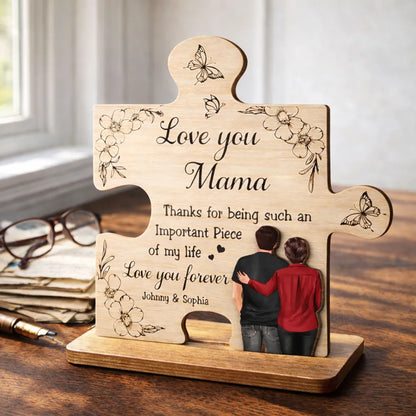 2-Layer Wooden Plaque Puzzle Piece Gift for Mom, Love You Mama Design, Warm Floral Butterfly Decor, Unique Thank You Gift