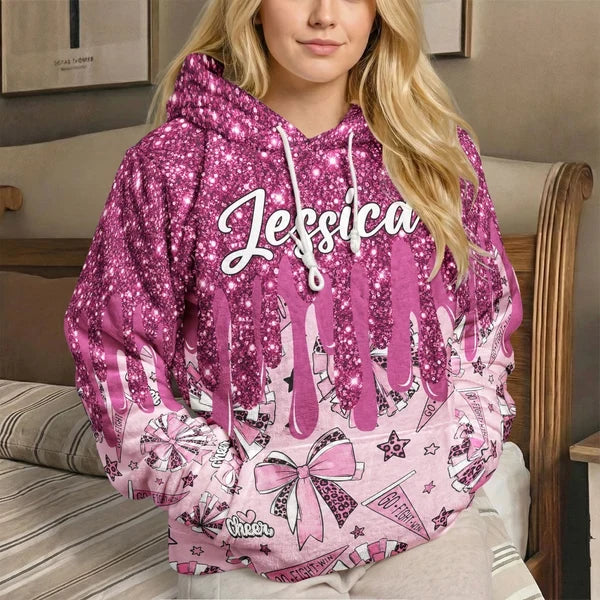 Personalized Youth Printed Flannel Hoodie, Pink Glitter Cheer Design, Unique Gift for Young Cheerleaders