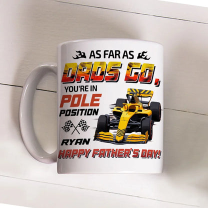Personalized White Ceramic Mug For Dad With Racing Car Art, Unique Father's Day Gift