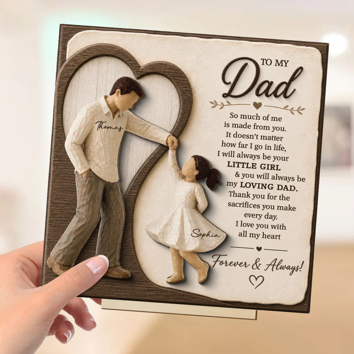 Personalized 2-Layer Wooden Plaque for Dad, Father & Daughter Holding Hands, Unique Gift From Daughter
