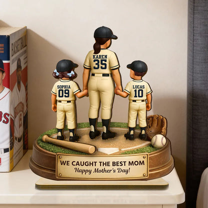 Personalized 2-Layer Wooden Plaque, Baseball Mom Holding Kids' Hands, 'We Hit a Home Run' Message, Unique Mother's Day Gift