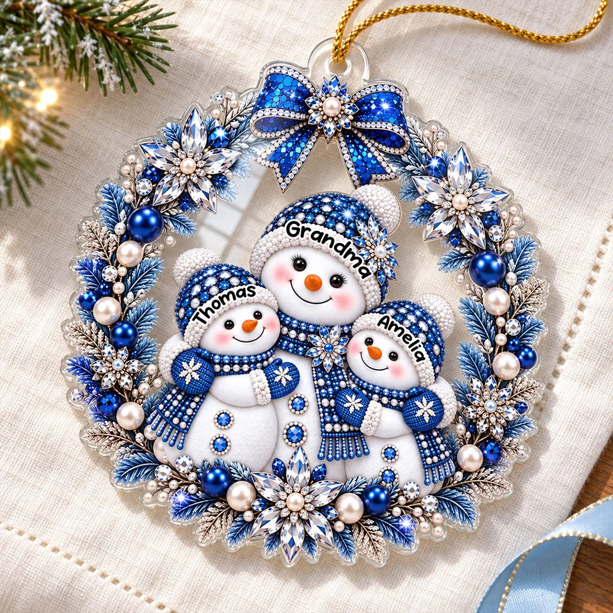 Personalized Acrylic Ornament, Blue and Silver Snowman Wreath, Unique Christmas Gift for Grandma