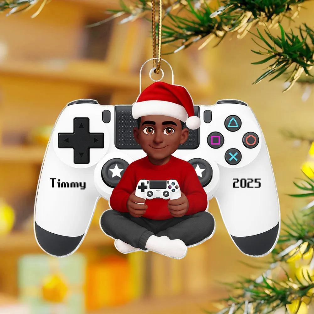 Personalized Acrylic Ornament with Cute Gamer Child Holding Console, Unique Christmas Gift for Son
