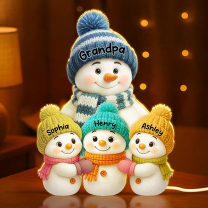 Snowman Family Acrylic Light Box with knitted hats, cozy holiday scene for grandparents, warm winter décor, a heartfelt Christmas gift