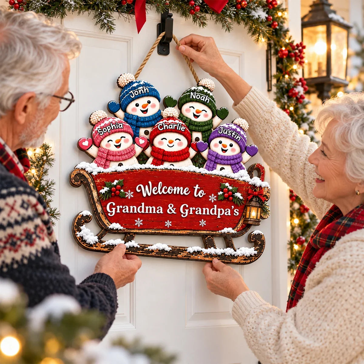 Personalized Wooden Sign with Cheerful Snowmen on a Sleigh, Unique Christmas Gift for Grandma & Grandpa