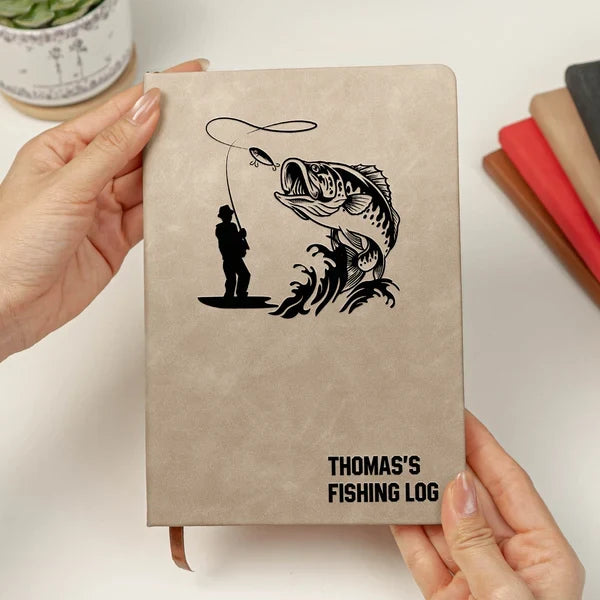 Personalized Leather Journal, Casting Angler and Leaping Fish Design for Fishing Memories, Creative Gift for Dad