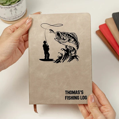 Personalized Leather Journal, Casting Angler and Leaping Fish Design for Fishing Memories, Creative Gift for Dad