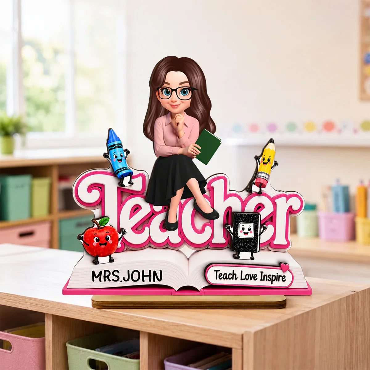 Custom 2-Layer Wooden Plaque, Cute Cartoon Teacher With Book, Creative Gift for a Caring Educator